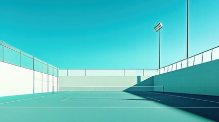Serene outdoor tennis court with net and light post