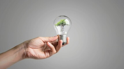 Hand Holding Light Bulb with Tree Inside Eco Friendly Concept in Studio Setting