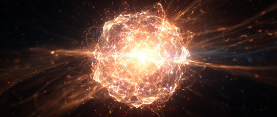 Abstract glowing explosion of shapes from open sphere