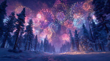 Magical winter forest illuminated by colorful fireworks display