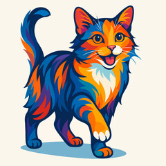 Playful Walking Cat With Lively Stride Bright Orange And Blue Style