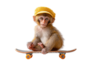 Cute monkey wearing a yellow hat riding a skateboard with a playful expression isolated on transparent background