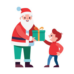 Flat Colorful Vector of Santa Giving Gift to Child for Christmas Celebration, Holiday, and Festive Designs