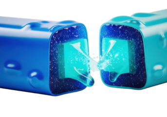 A futuristic 'Growth' bar, half-cut, revealing a luminous turquoise core oozing glowing serum, shimmering micro-crystals, and blue jelly, isolated on transparent. Scientific wonder and futuristic
