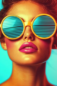 A close-up portrait of a woman wearing oversized yellow sunglasses, showcasing vibrant colors and bold makeup against a bright background.