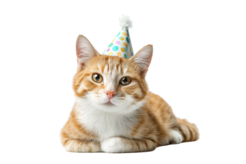 Adorable orange tabby cat wearing a festive birthday hat celebrates happily isolated on transparent background
