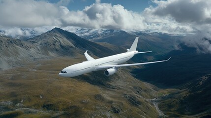 Fototapeta premium Cargo plane soaring over rugged mountains in bright midday light with intricate details and textures