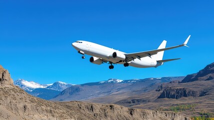 A cargo plane soars over dramatic mountain landscapes under bright midday light, highlighting intricate details in the rugged terrain