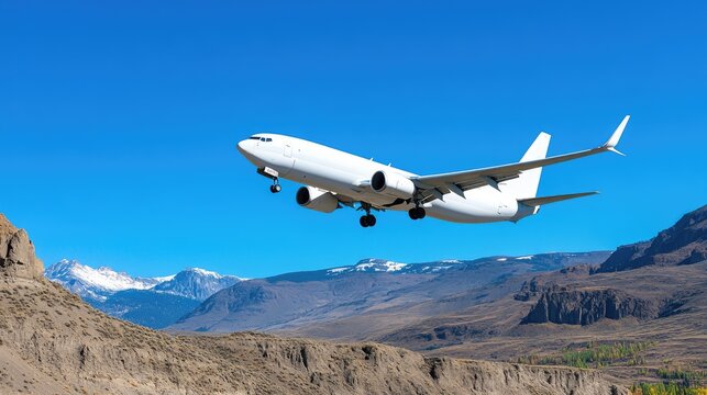 A cargo plane soars over dramatic mountain landscapes under bright midday light, highlighting intricate details in the rugged terrain