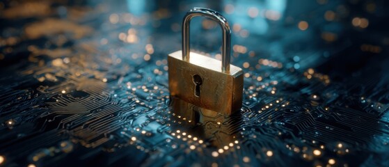 The padlock on a glowing circuit board symbolizes digital security and data protection