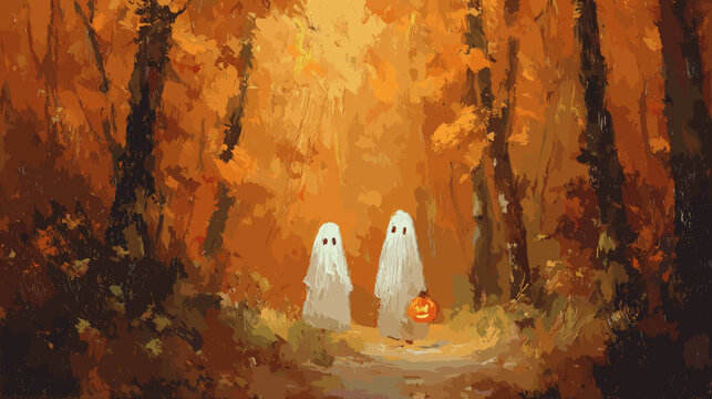 Two Little Ghosts on an Autumn Forest Path Halloween mood aquarel style vector image