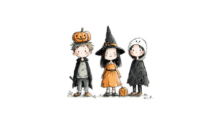 set od Cute Children in Halloween Costumes  vector doodle style 
