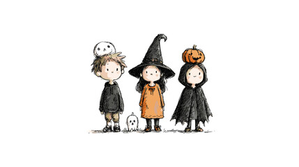 set od Cute Children in Halloween Costumes  vector doodle style 