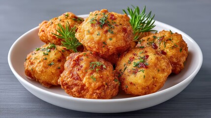 Golden brown crispy fried chicken tenders generously sprinkled with fresh green herbs presented in a white bowl on a textured grey surface with soft natural lighting