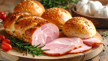 Sliced ham, bread rolls, tomatoes, garlic, and rosemary arranged on a wood platter