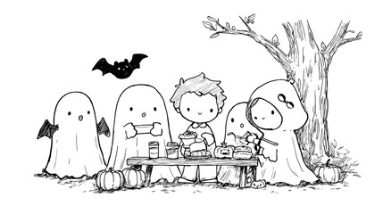 Little Friends Enjoying a Halloween Party doodle style 