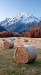 Golden Hay Bales Dot a Frosty Autumn Field Below Snow Capped Mountains Under a Clear Blue Sky