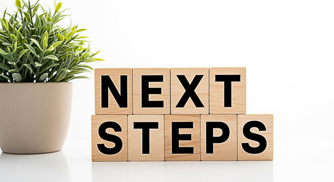 Wooden blocks spelling "next steps" are displayed next to a potted plant on a white surface suggesting planning and future direction ahead