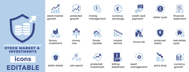 Clean stock market and investment icons for finance, fintech, and trading projects fully editable modern vector set.