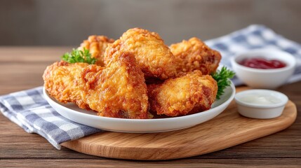 Golden Brown Crispy Fried Chicken Wings Served on a White Plate with Ketchup and Mayonnaise on a Rustic Wooden Table with a Blue Gingham Napkin Natural Lighting