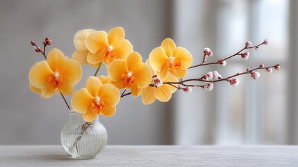 Golden yellow orchids with delicate buds bloom on a branch in a small clear glass vase with water on a white wooden table against a soft gray blurred background window light
