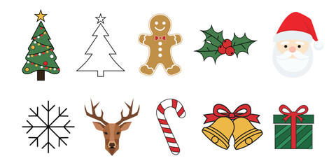Vector art of christmas icons, including tree, santa, and deer