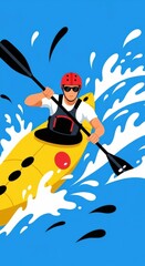 Exciting kayak adventure on a bright blue river with splashes and colorful gear