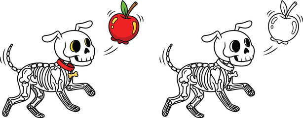 Obraz premium Cute skeleton dog chasing floating apple — fun Halloween cartoon character in colored and coloring page style for kids printable and spooky festive illustration