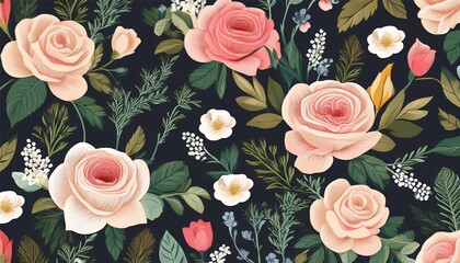 botanical floral seamless pattern with roses herbs and leaves background with flowers