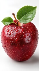 High Key Studio Shot of a Ripe Red Apple with Water Droplets and Green Leaves on a White Background