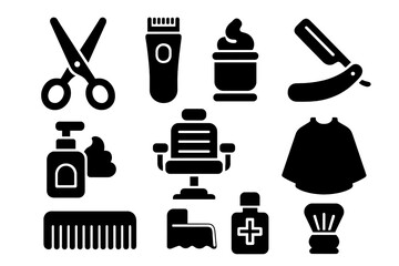 Grooming tools and equipment icons set for barbershops and hair salons