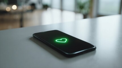 modern smartphone on a clean table displaying a glowing green heart icon, surrounded by soft natural light, concept of digital well being and care