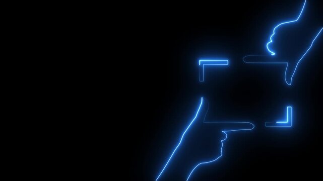 Female hands showing cropping composition gesture. Isolated on black background. abstract glowing blue neon rectangle border frame.