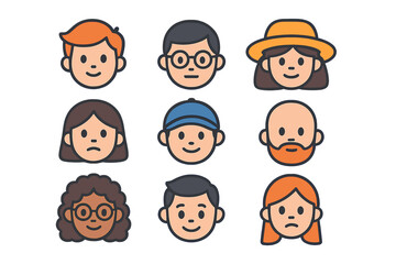 Set of nine diverse stylized human head avatars showing various facial expressions and features