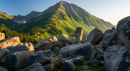 The immense boulders scattered at the base of a mountain.