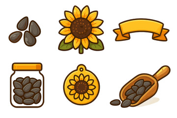 Sunflower and seed graphic elements set including flower, jar, scoop, and ribbon banner