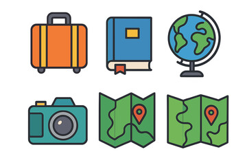 Collection of essential symbols for travel, education, and exploration including luggage and maps