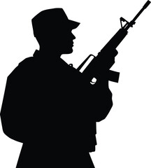 Vector art of silhouette of a soldier standing with a rifle against a gray background