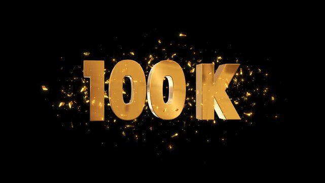 golden 3d text 100 k followers and gold shiny confetti alpha channel animation,social media subscribe celebration isolated motion design element