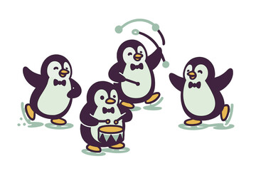 Adorable cartoon penguins wearing bow ties marching and playing drums while ice skating