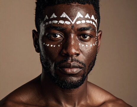 Powerful portrait of a Black man with striking tribal face paint evoking strength and cultural heritage - Powered by Adobe