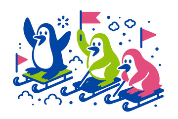 Three colorful cartoon penguins racing down a snowy hill on sleds during a winter competition