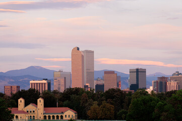 Denver Colorado Skyline with Pink Clouds at Sunrise