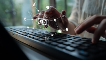 A fintech concept showing a network of digital banking services. This includes secure online...