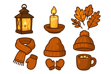 Cozy autumn and winter collection with lantern, candle, warm hats, scarf, mittens, and hot cocoa