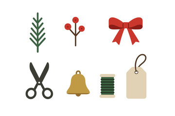 Festive Christmas and crafting elements including bow, bell, scissors, pine sprig, and gift tag