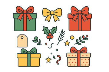 Colorful Christmas gift boxes, ribbons, bows, holly, and festive seasonal decorative elements
