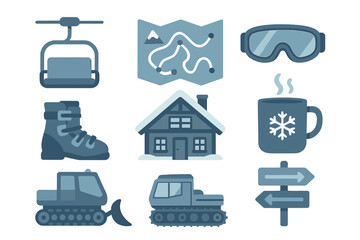 Winter recreation icons featuring ski lift chair, mountain map, snow goggles, cozy cabin, and snow groomer vehicles