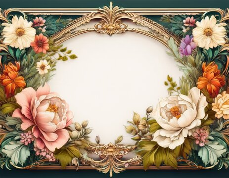 ai generated ai generative vintage retro antique floral flowers pland frame in baroque style mock up background graphic art