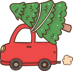 Groovy retro christmas truck car cartoon hand drawn